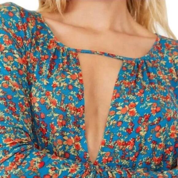 NEW Intimately Free People Kaya Bodysuit $78 Blue Floral Viscose Thong Deep V - Picture 2 of 7